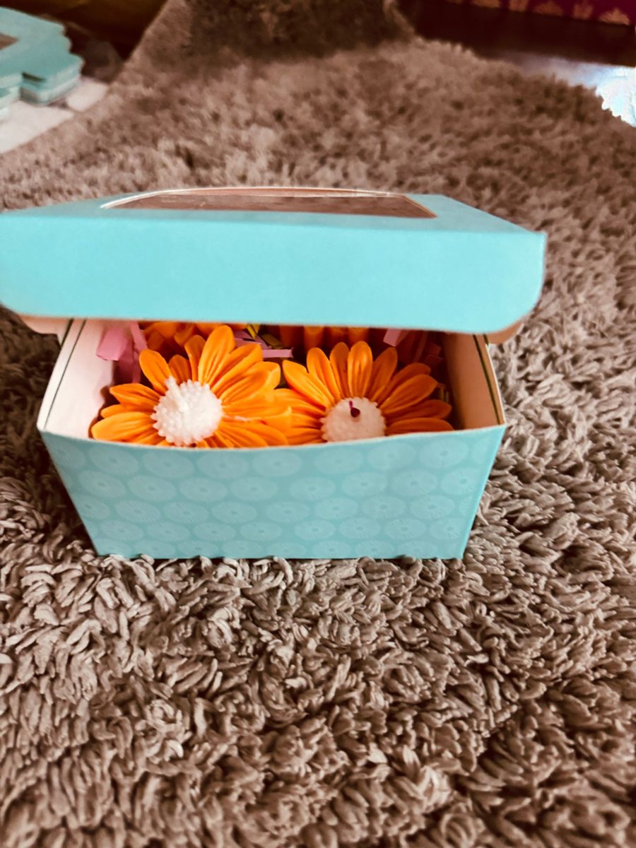 Teal packing with lid lifted, daisy candles inside